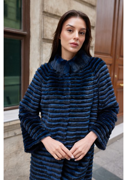 Nocteris Gece Mavisi Hakiki Kürk Uzun Kaban