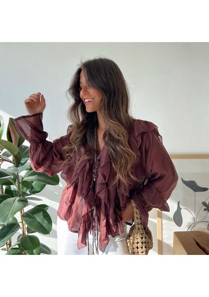 Mürdüm Rengi Önden Bağlamalı Gömlek