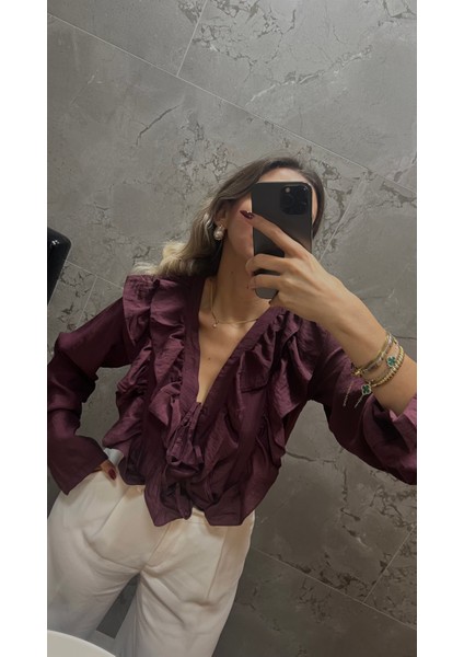 Mürdüm Rengi Önden Bağlamalı Gömlek modelleri