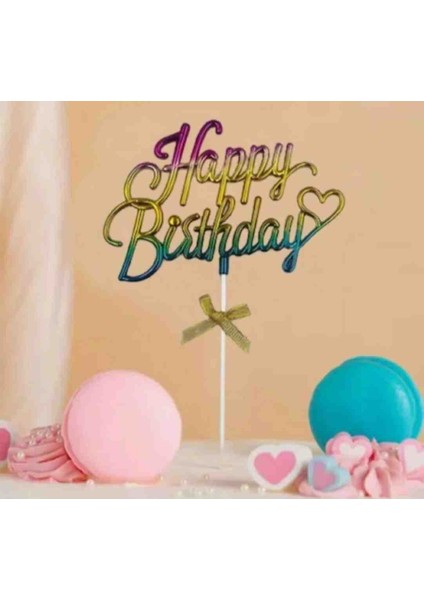 Çok Renkli Happy Birthday Yazılı Pasta Süsü-Çubuğu