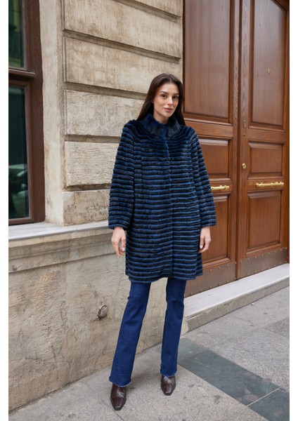 Nocteris Gece Mavisi Hakiki Kürk Uzun Kaban