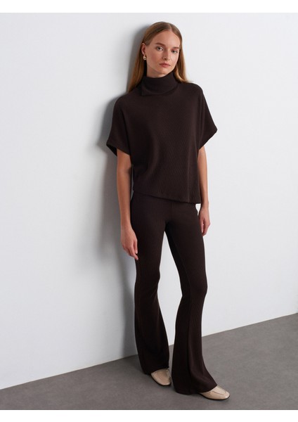 71910 Yüksek Bel Örme Pantolon-Kahve