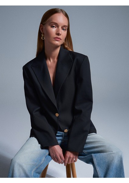 60774 Fitted Kesim Vatkalı Blazer-Siyah