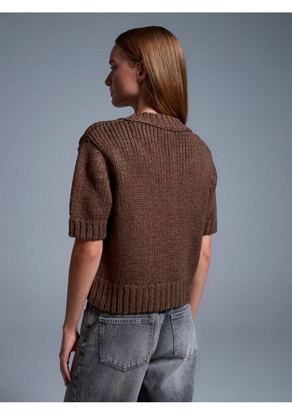 10831 V Yaka Kısa Kollu Triko Kazak-Kahve fiyatları