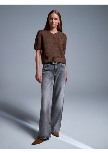 10831 V Yaka Kısa Kollu Triko Kazak-Kahve indirimleri