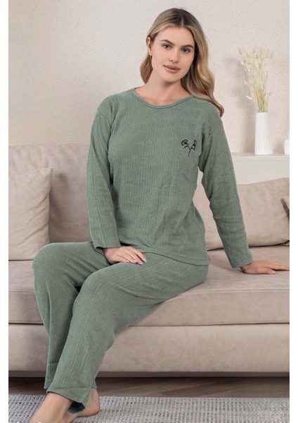 Kalın Kışlık Interlok Şeritli Uzun Kollu Örme Pijama Takımı
