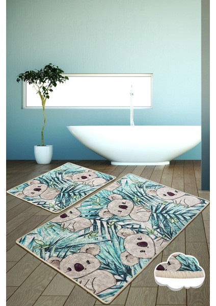Yeşil 2'li Banyo Halısı Seti, Kaymaz Taban, Yumuşak ve Şık Tasarım
