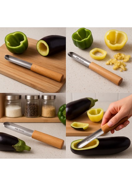 🍆🌶️ Doğal Ahşap Bej Saplı Paslanmaz Çelik Patlıcan ve Biber Oyacağı – Ergonomik Tutuşlu, Dayanıklı Sebze Oyma Aparatı | Dolmalık Sebzeler Için Pratik Mutfak Aracı 🍴✨ fırsatları