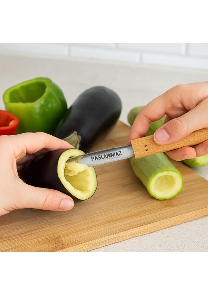 🍆🌶️ Doğal Ahşap Bej Saplı Paslanmaz Çelik Patlıcan ve Biber Oyacağı – Ergonomik Tutuşlu, Dayanıklı Sebze Oyma Aparatı | Dolmalık Sebzeler Için Pratik Mutfak Aracı 🍴✨ indirimleri