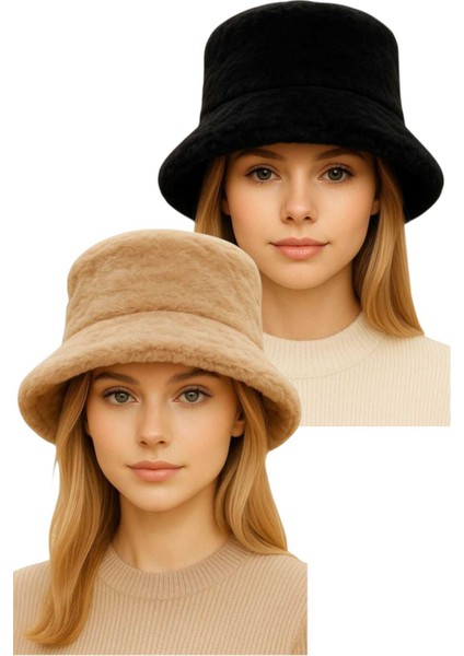 Kadın Ayarlanabilir Peluş Bucket Kova Şapka 2'li Set indirimleri