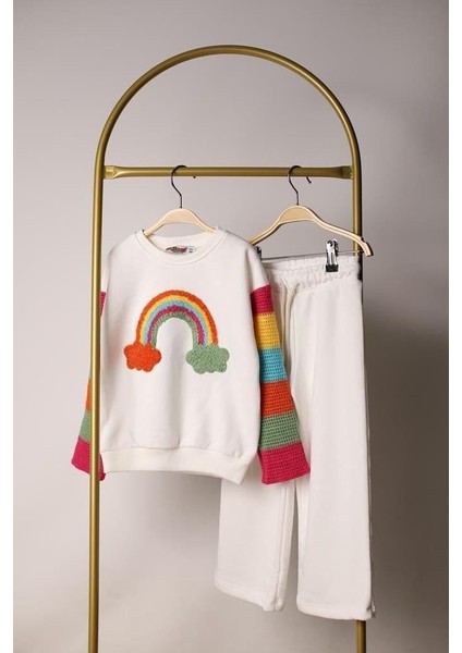 Kız Çocuk Gökkuşağı Punch Işlemeli Beli Lastikli Bağcıklı Pamuklu Kumaş Alt Üst Ikili Takım