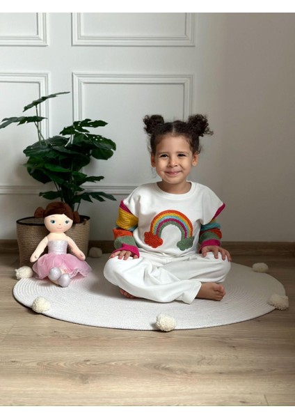 Kız Çocuk Gökkuşağı Punch Işlemeli Beli Lastikli Bağcıklı Pamuklu Kumaş Alt Üst Ikili Takım fırsatları