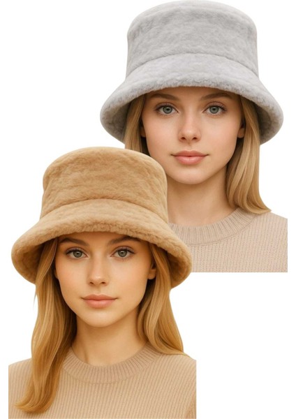 Kadın Ayarlanabilir Peluş Bucket Kova Şapka 2'li Set