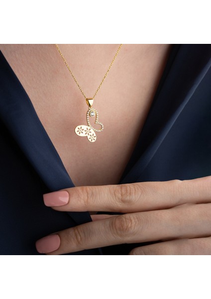 925 Ayar Gümüş Çiçek Desenli Taşlı Kelebek Kolye fırsatları