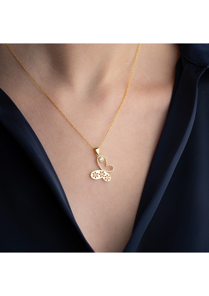 925 Ayar Gümüş Çiçek Desenli Taşlı Kelebek Kolye