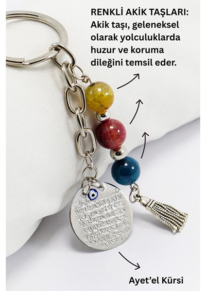 Doğal Taşlı Metal Ayetel Kürsi Dualı Anahtarlık, Farklı Renklerde Akik Taşları Çanta Süsü