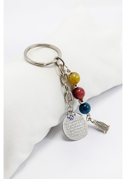 Doğal Taşlı Metal Ayetel Kürsi Dualı Anahtarlık, Farklı Renklerde Akik Taşları Çanta Süsü fiyatları