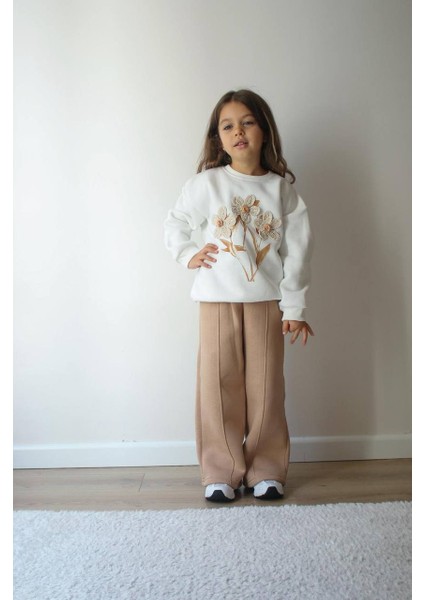 Papatya Çicek Işlemeli Baskılı Şardonlu 3 Iplik Sweatshirt-Eşofman Altı Kışlık Kız Çocuk Takım