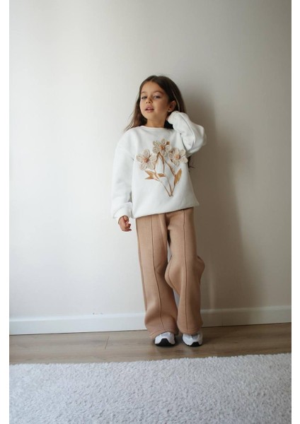 Papatya Çicek Işlemeli Baskılı Şardonlu 3 Iplik Sweatshirt-Eşofman Altı Kışlık Kız Çocuk Takım fiyatları