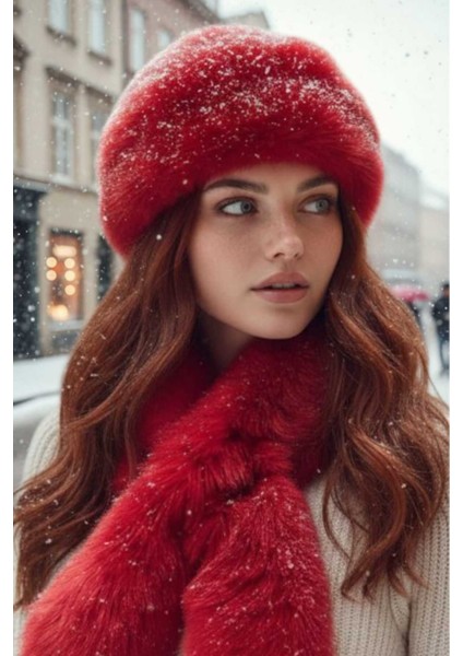 Kadın Kışlık Vegan Kürk Peluş Kalpak Şapka ve Atkı Seti indirimleri