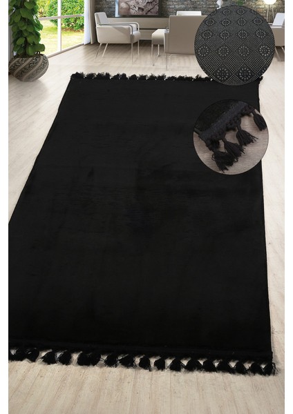Siyah Uzun Tüylü Peluş Püsküllü Kaymaz Yıkanabilir Saçaklı Halı