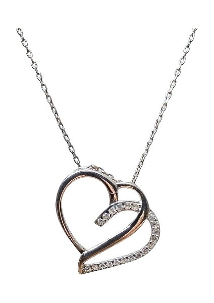 925 Ayar Gümüş Kalpli Zirkon Taşlı Kadın Gümüş Kolye