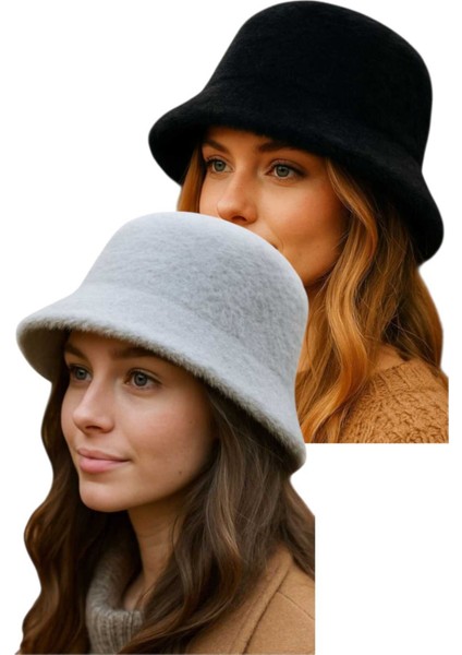 Kadın Soft Peluş Ayarlanabilir Ipli Bucket Kova Şapka 2’li Set