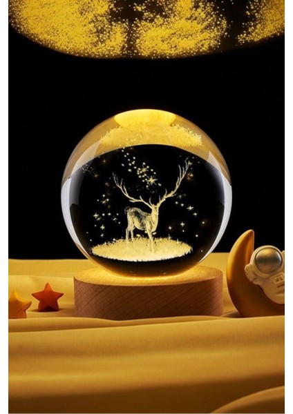 Mavi Renk Değiştirici LED Işıklı Cam Küre Geyik Lamba Ahşap Altlık ile