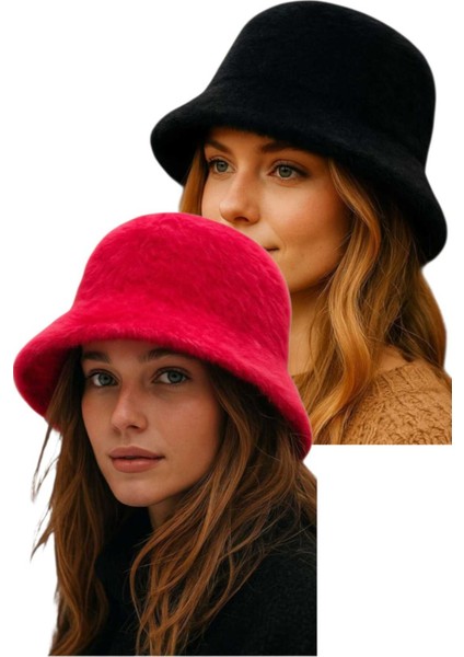 Kadın Soft Peluş Ayarlanabilir Ipli Bucket Kova Şapka 2’li Set