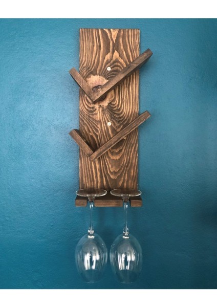 Iki Şişe ve Kadeh Bölmeli Doğal Ahşap Vintage Şaraplık Ceviz Renkli