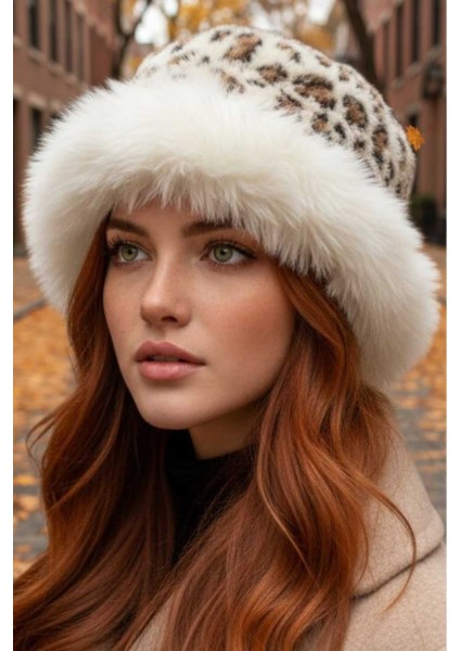 Kadın Leopar Desenli Peluş Kürklü Kalpak Şapka fiyatları