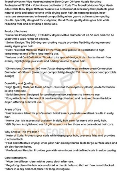 Isı Ayarlamalı Fön Için Difüzör Vigo Başlık Dönerli Profesyonel fırsatları