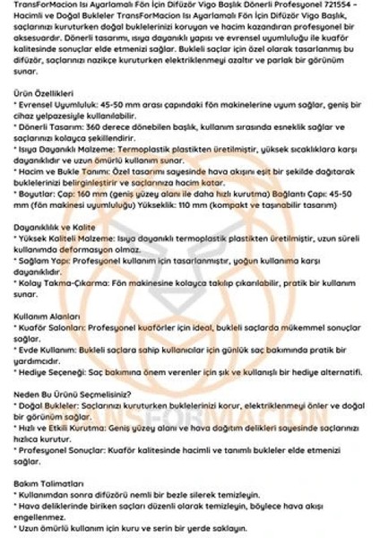 Isı Ayarlamalı Fön Için Difüzör Vigo Başlık Dönerli Profesyonel indirimleri