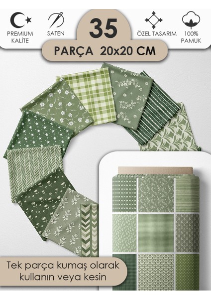Patchwork Kumaş Seti – 35 Desen 20X20 cm | %100 Pamuk Saten | Tek Parça Kumaş | Dikiş, El Işi ve Quilting Için Özel Tasarım