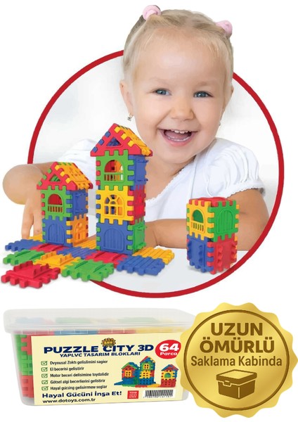 Puzzle City 3D Yapı ve Tasarım Blokları 64 Parça Eğitici Oyuncak