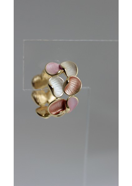 Yaprak Desenli Gold Detaylı Pembe Krem Küpe