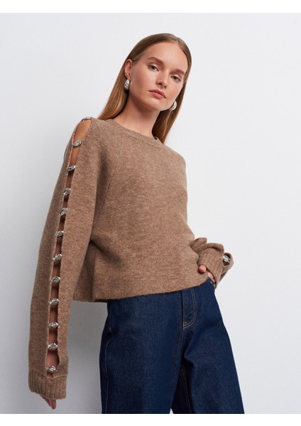 10810 Yün Karışımlı Aksesuar Detaylı Triko Kazak-Vizon