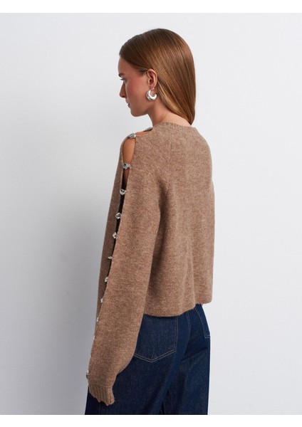 10810 Yün Karışımlı Aksesuar Detaylı Triko Kazak-Vizon fiyatları