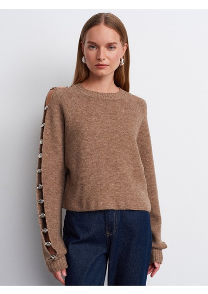 10810 Yün Karışımlı Aksesuar Detaylı Triko Kazak-Vizon modelleri