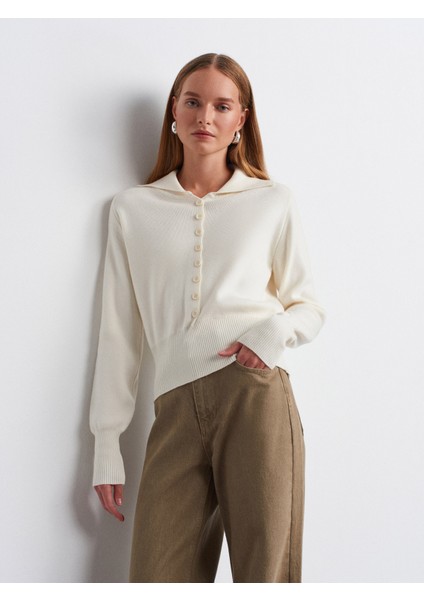10816 Yün Karışımlı Düğmeli Triko Kazak-Ekru