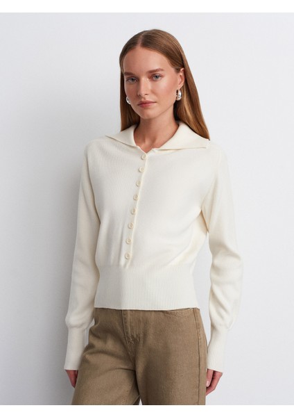 10816 Yün Karışımlı Düğmeli Triko Kazak-Ekru modelleri