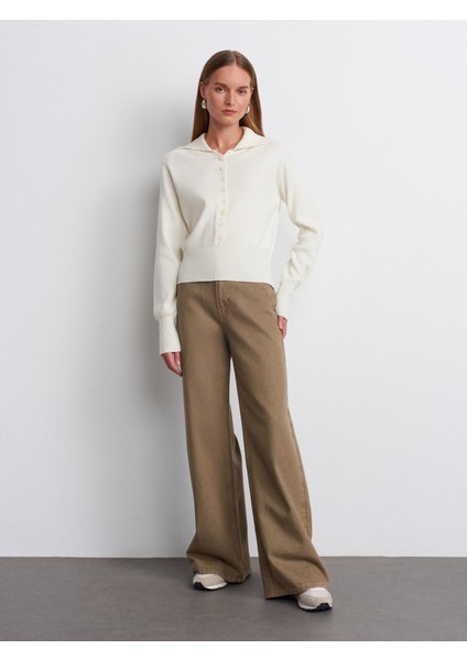 10816 Yün Karışımlı Düğmeli Triko Kazak-Ekru indirimleri