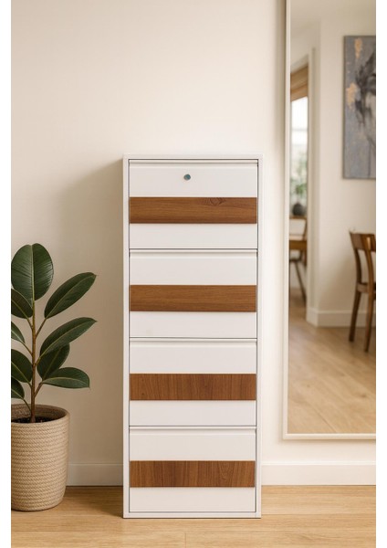 4 Lü Ahşap Desenli Metal Ayakkabılık Karlı Home