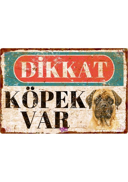 Ingiliz Mastiff Figürlü Dikkat Köpek Var Yazılı Alüminyum Uyarı Levhası