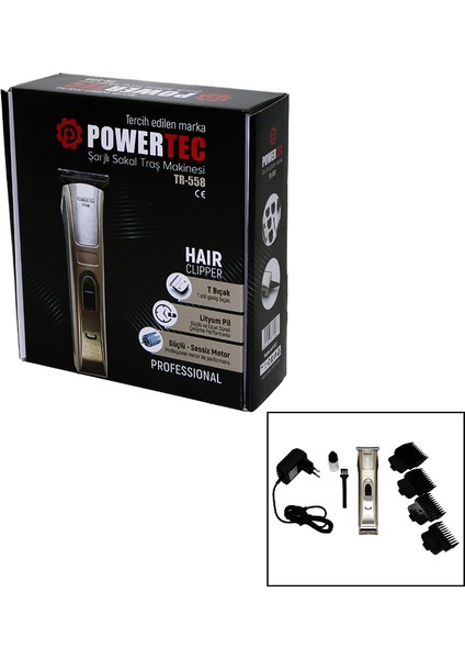 Powertec TR-558 Şarjlı Saç Sakal Ense Çizim Traş Makinesi T Bıçak (5264)