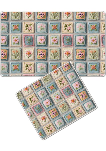 Kaymaz Tabanlı Yıkanabilir 2'li Banyo Paspası Seti, Çok Renkli, 60X100 ve 50X60 cm