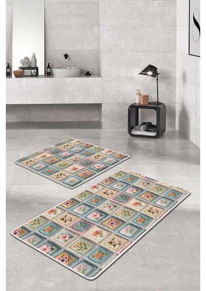 Kaymaz Tabanlı Yıkanabilir 2'li Banyo Paspası Seti, Çok Renkli, 60X100 ve 50X60 cm fiyatları