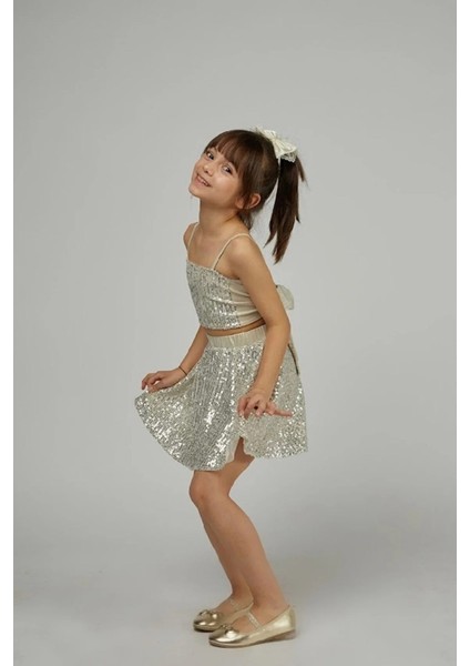 Kız Çocuk Simli Abiye Elbise - Payetli Üst ve Etek fiyatları