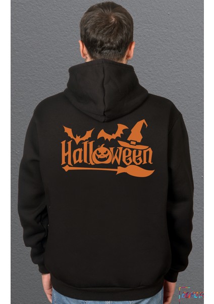 Halloween Yarasa Balkabağı Cadı Şapkası ve Süpürge Turuncu Sweetshirt Unisex Kapüşonlu Hoodie