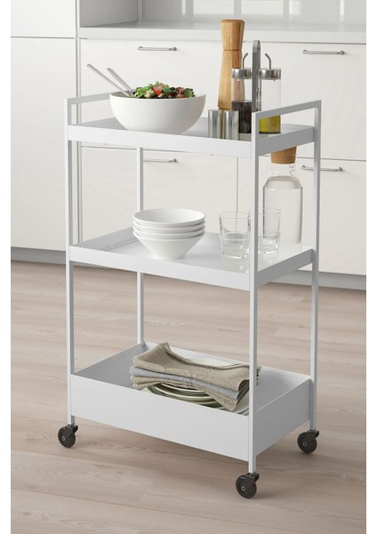 3 Katlı Çelik Servis Arabası, Tekerlekli Raflı ve Beyaz, Dayanıklı ve Pratik Tasarım